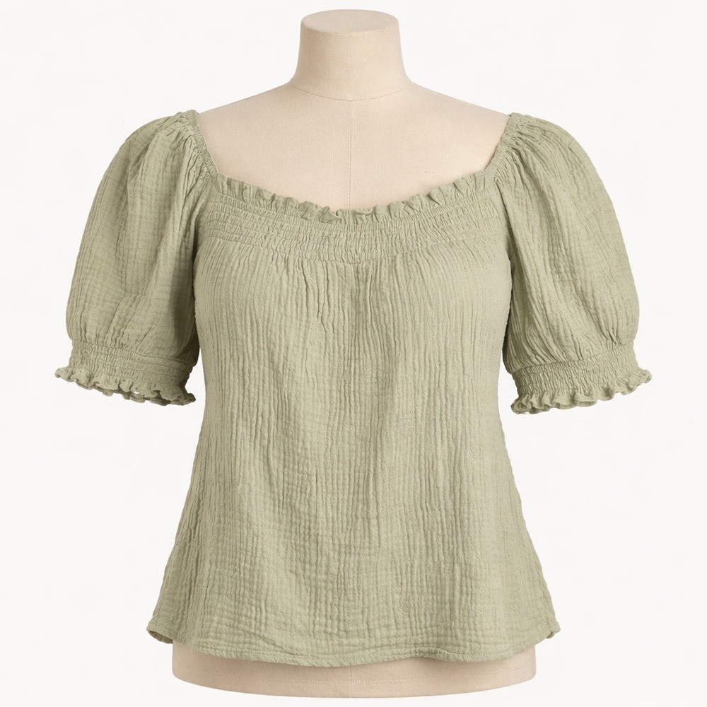 J Crew Gauze Smocked‎ Puff Sleeve Peasant Top Size M Green Romantic Preppy Twee